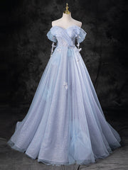 Dress Formal, Blue A-Line Off Shoulder Tulle Long Prom Dress, Blue Formal Dress