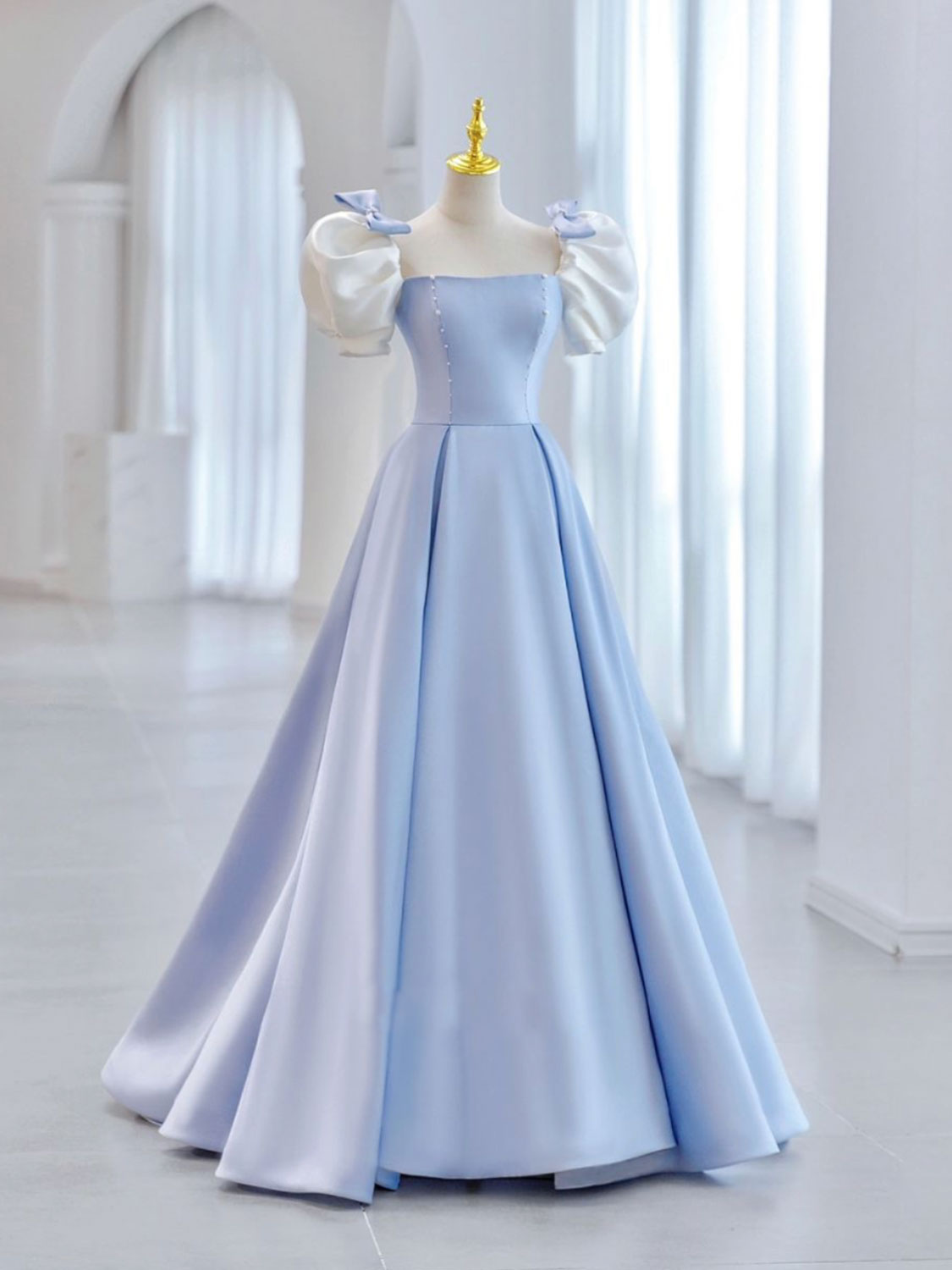 Prom Dresses Sleeves, Blue A-Line Satin Long Prom Dresses, Blue Satin Formal Evening Dress