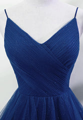 Fall Wedding Ideas, Blue A-line Straps Tulle Layers Long Party Dress, Blue Long Prom Dress