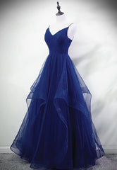Wedding Inspiration, Blue A-line Straps Tulle Layers Long Party Dress, Blue Long Prom Dress