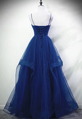 Prom Shoes, Blue A-line Straps Tulle Layers Long Party Dress, Blue Long Prom Dress