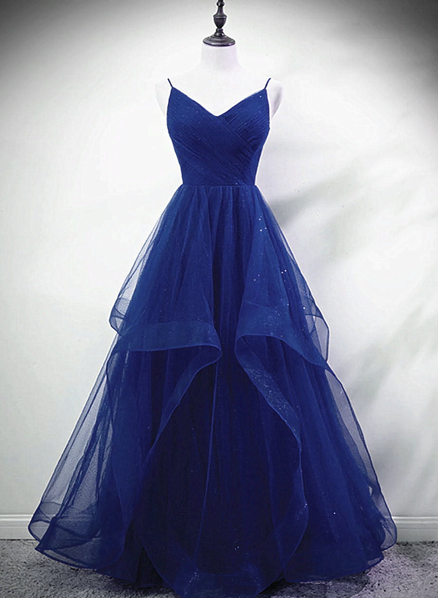 Pretty Prom Dress, Blue A-line Straps Tulle Layers Long Party Dress, Blue Long Prom Dress