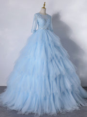 Prom Dresses Glitter, Blue A-Line Tulle Lace Long Prom Dress, Blue Lace Formal Evening Dresses