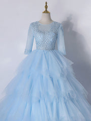 Prom Dress Glitter, Blue A-Line Tulle Lace Long Prom Dress, Blue Lace Formal Evening Dresses