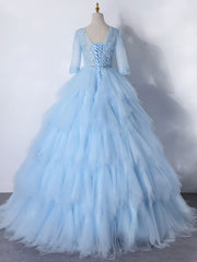 Prom Dress Long With Slit, Blue A-Line Tulle Lace Long Prom Dress, Blue Lace Formal Evening Dresses