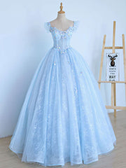 Prom Dress Ideas 2034, Blue A-Line Tulle Lace Long Prom Dresses, Blue Lace Formal Evening Dresses