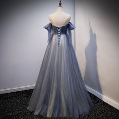 Bridesmaid Dress With Lace, Blue and Grey Tulle Long Sweetheart  Party Dress, Tulle A-line Formal Dress