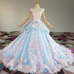 Formal Dress Stores, Blue and Pink Ball Gown Tulle with Flowers Sweet 16 Dress, Blue Formal Dress