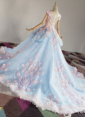 Formal Dresses Online, Blue and Pink Ball Gown Tulle with Flowers Sweet 16 Dress, Blue Formal Dress