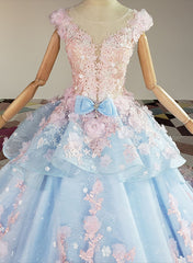 Formal Dress Ideas, Blue and Pink Ball Gown Tulle with Flowers Sweet 16 Dress, Blue Formal Dress