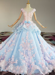 Formal Dress Store, Blue and Pink Ball Gown Tulle with Flowers Sweet 16 Dress, Blue Formal Dress