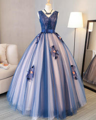 Bridesmaid Dress Sale, Blue and Pink Flower Lace Applique V-neckline Sweet 16 Gown, Floor Length Formal Dresses