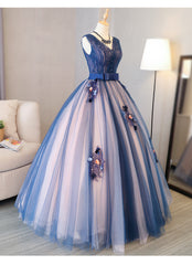 Bridesmaid Dress Custom, Blue and Pink Flower Lace Applique V-neckline Sweet 16 Gown, Floor Length Formal Dresses