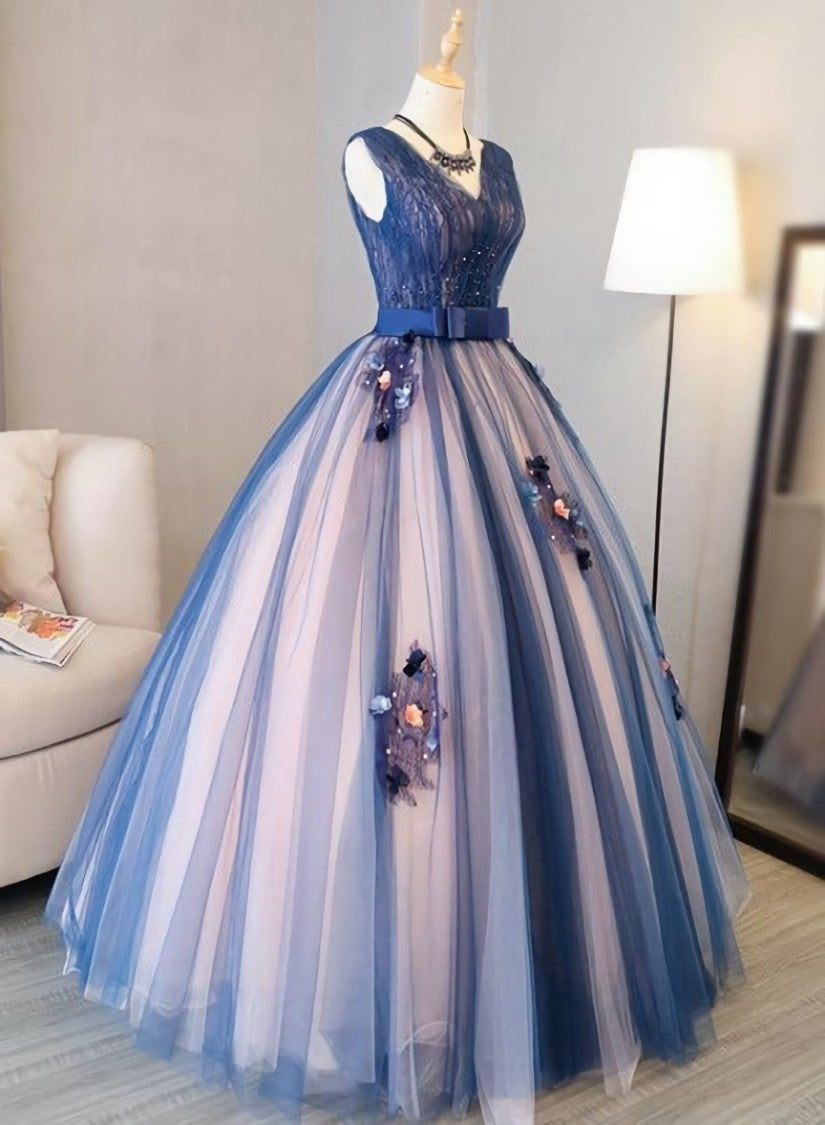 Bridesmaid Dress Shops, Blue and Pink Flower Lace Applique V-neckline Sweet 16 Gown, Floor Length Formal Dresses
