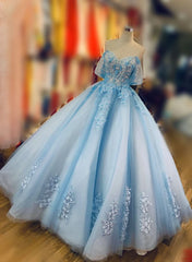 Bridesmaid Dresses Inspiration, Blue Ball Gown Beaded and Lace Long Sweet 16 Dress, Blue Tulle Formal Dress