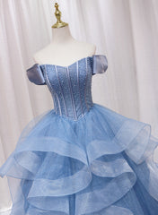 Formal Dress Websites, Blue Beaded Off Shoulder Tulle Long Formal Dress, Blue Evening Dress Prom Dress