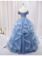 Formal Dress Website, Blue Beaded Off Shoulder Tulle Long Formal Dress, Blue Evening Dress Prom Dress