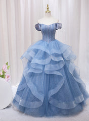 Formal Dress Wedding, Blue Beaded Off Shoulder Tulle Long Formal Dress, Blue Evening Dress Prom Dress