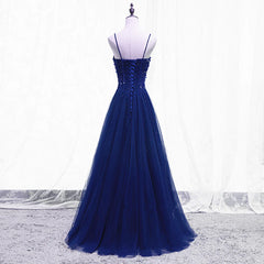 Prom Dresses Ball Gowns, Blue Beaded Straps A-line Tulle New Prom Dress Party Dress, Blue Floor Length Party Dress