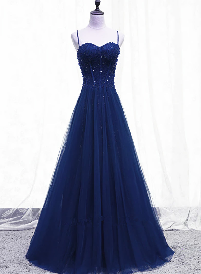 Prom Dresses Purple, Blue Beaded Straps A-line Tulle New Prom Dress Party Dress, Blue Floor Length Party Dress