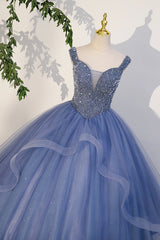 Evening Dress Designers, Blue Beaded Tulle Long A-Line Prom Dress, Blue Formal Dress