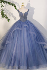 Evening Dress Designs, Blue Beaded Tulle Long A-Line Prom Dress, Blue Formal Dress