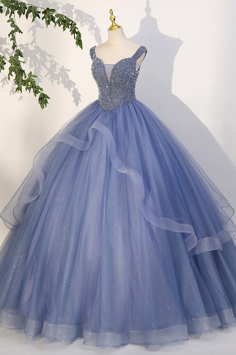 Evening Dresses And Gowns, Blue Beaded Tulle Long A-Line Prom Dress, Blue Formal Dress