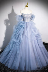 Prom Dress Green, Blue Cascading Ruffles Long Prom Dresses, A-Line Strapless Short Sleeve Sweep Train Evening Dress