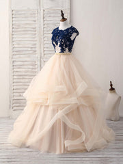 Party Dress Shop Near Me, Blue/Champagne Tulle Lace Applique Long Prom Dress, Evening Dress