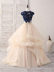 Party Dress Fancy, Blue/Champagne Tulle Lace Applique Long Prom Dress, Evening Dress