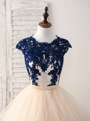 Party Dress On Line, Blue/Champagne Tulle Lace Applique Long Prom Dress, Evening Dress