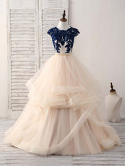 Party Dress Shops Near Me, Blue/Champagne Tulle Lace Applique Long Prom Dress, Evening Dress