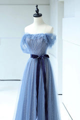 Prom Dress Long Sleeves, Blue Floor Length Prom Dress, A-line Strapless Tulle Evening Dress