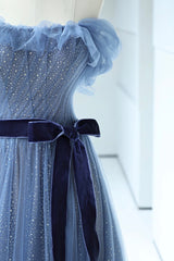 Prom Dress Long Sleeved, Blue Floor Length Prom Dress, A-line Strapless Tulle Evening Dress