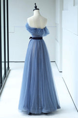 Prom Dress Long Sleeve, Blue Floor Length Prom Dress, A-line Strapless Tulle Evening Dress