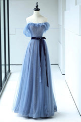 Prom Dresses Long Sleeve, Blue Floor Length Prom Dress, A-line Strapless Tulle Evening Dress