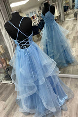Green Bridesmaid Dress, Blue Floral Appliques Lace-Up Tiered A-Line Prom Dress Holiday Dresses