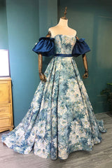 Prom Dresses Ball Gown, Blue Floral Pattern Long Senior Prom Dress, Off the Shoulder Evening Party Dress