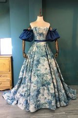 Prom Dresses For Teens, Blue Floral Pattern Long Senior Prom Dress, Off the Shoulder Evening Party Dress