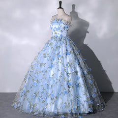 Formal Dress For Beach Wedding, Blue Floral Sweetheart Floor Length Formal Dresses, Blue Long Party Dresses