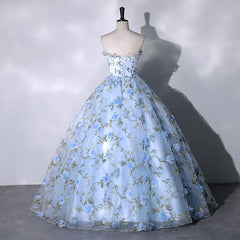 Formal Dresses Modest, Blue Floral Sweetheart Floor Length Formal Dresses, Blue Long Party Dresses