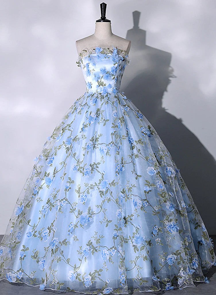 Formal Dress Suits For Ladies, Blue Floral Sweetheart Floor Length Formal Dresses, Blue Long Party Dresses