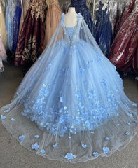 Club Outfit, Blue flowers  tulle ball gown , chic prom dress