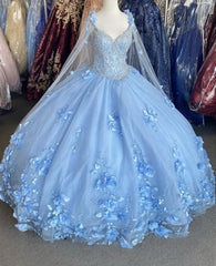Party Dress Code Idea, Blue flowers  tulle ball gown , chic prom dress