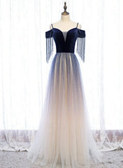 Prom Dresses Affordable, Blue Gradient Tulle Long Party Dresses,A-line Off Shoulder Formal Dresses