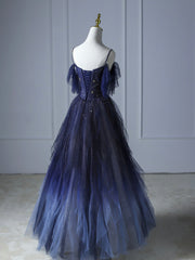 Champagne Bridesmaid Dress, Blue Gradient Tulle Long Prom Dress,Beautiful Spaghetti Strap Celebrity Dresses