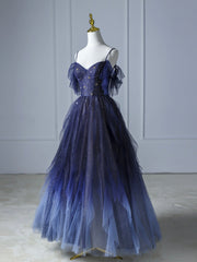 Spring Wedding, Blue Gradient Tulle Long Prom Dress,Beautiful Spaghetti Strap Celebrity Dresses