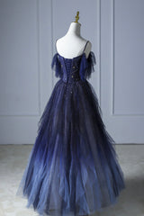 Bridesmaid Dresses Long Sleeve, Blue Gradient Tulle Long Prom Dress, Spaghetti Strap Evening Dress