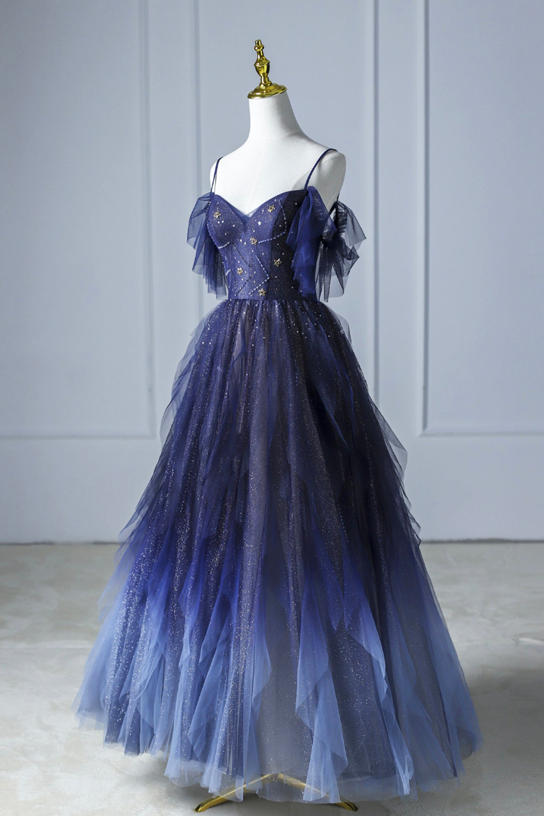 Bridesmaid Dress With Sleeves, Blue Gradient Tulle Long Prom Dress, Spaghetti Strap Evening Dress