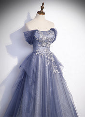 Flower Girl, Blue-Grey Long A-line Off Shoulder Party Dress, New A-line Prom Dress Evening Dress